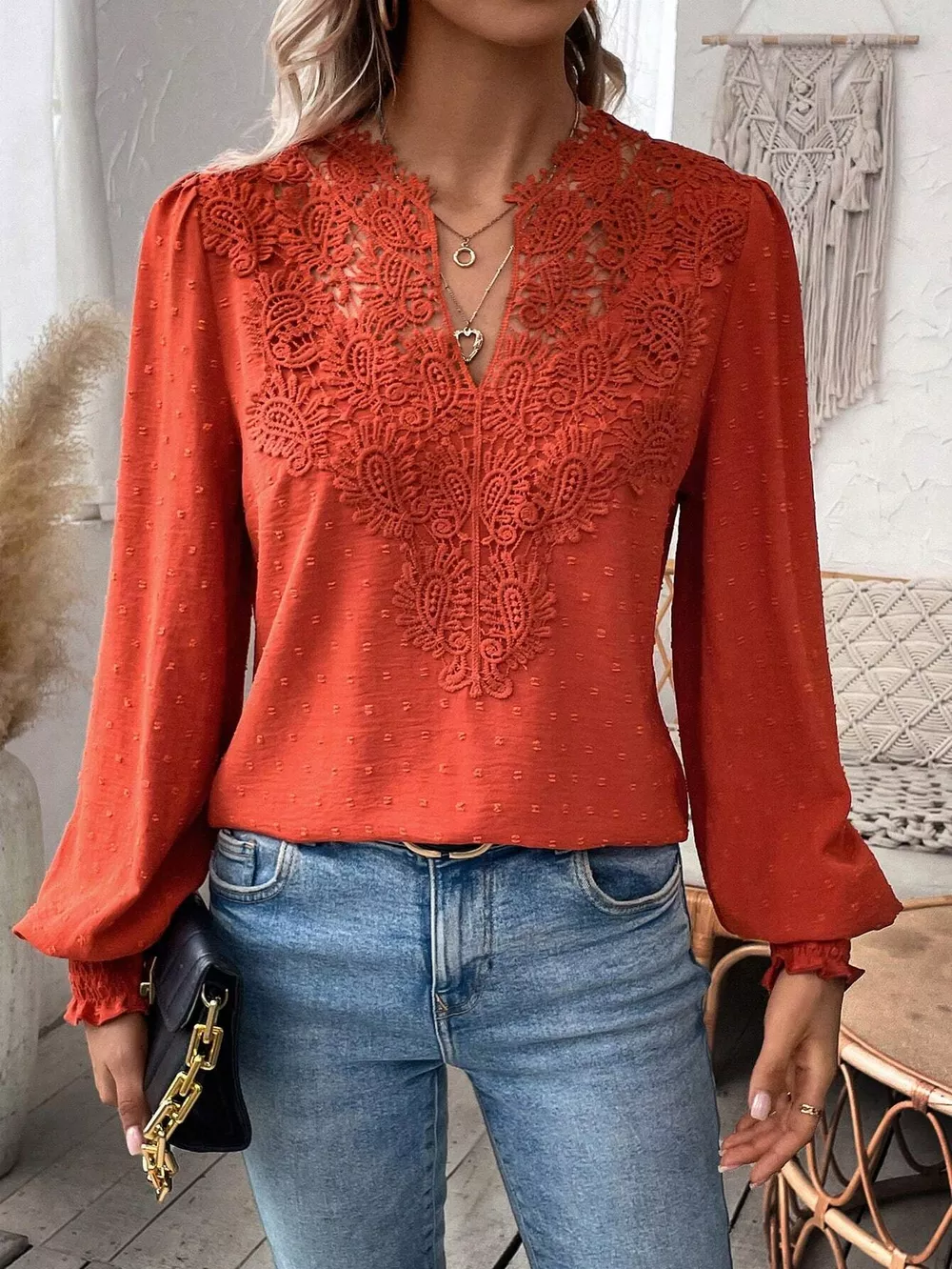 Swiss Dot Lace Detail Long Sleeve Blouse, image 13