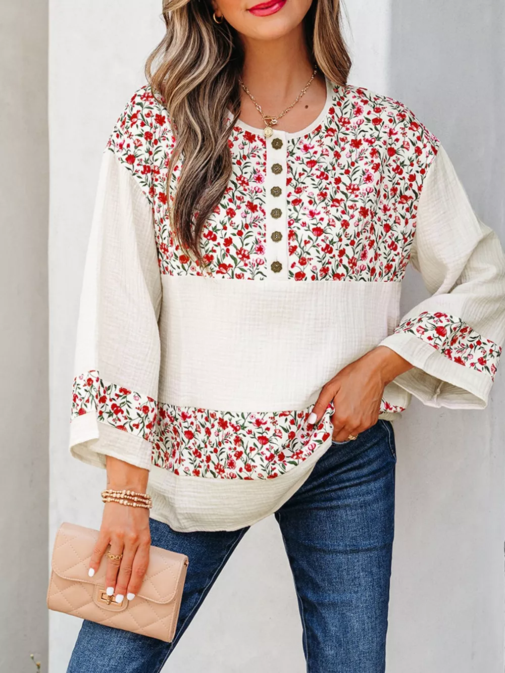 Floral Print Henley Button 3/4 Sleeve Blouse, image 2