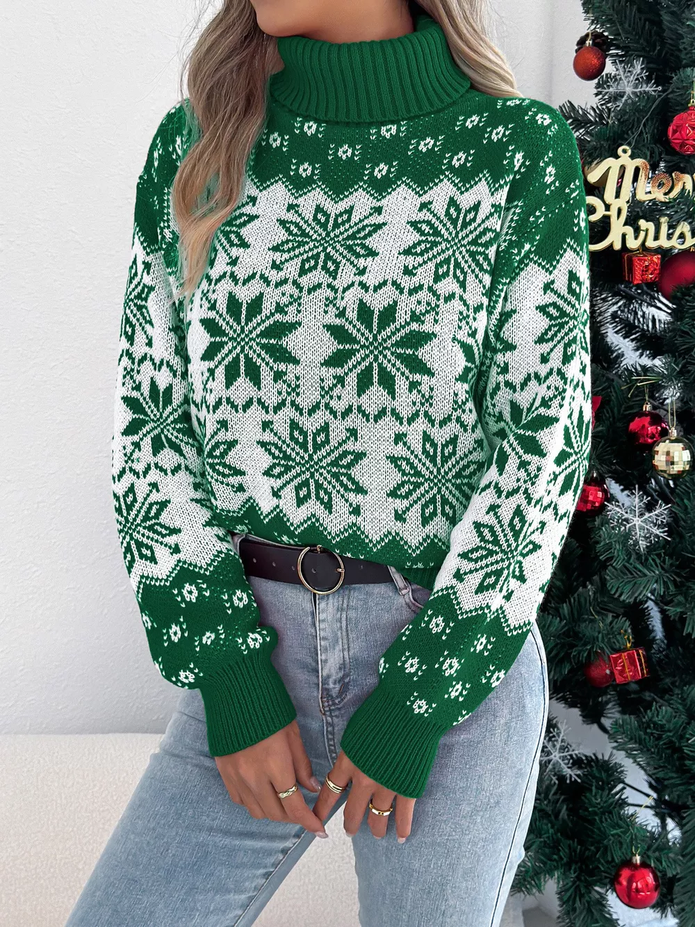 Christmas Snowflake Turtleneck Long Sleeve Sweater, image 5