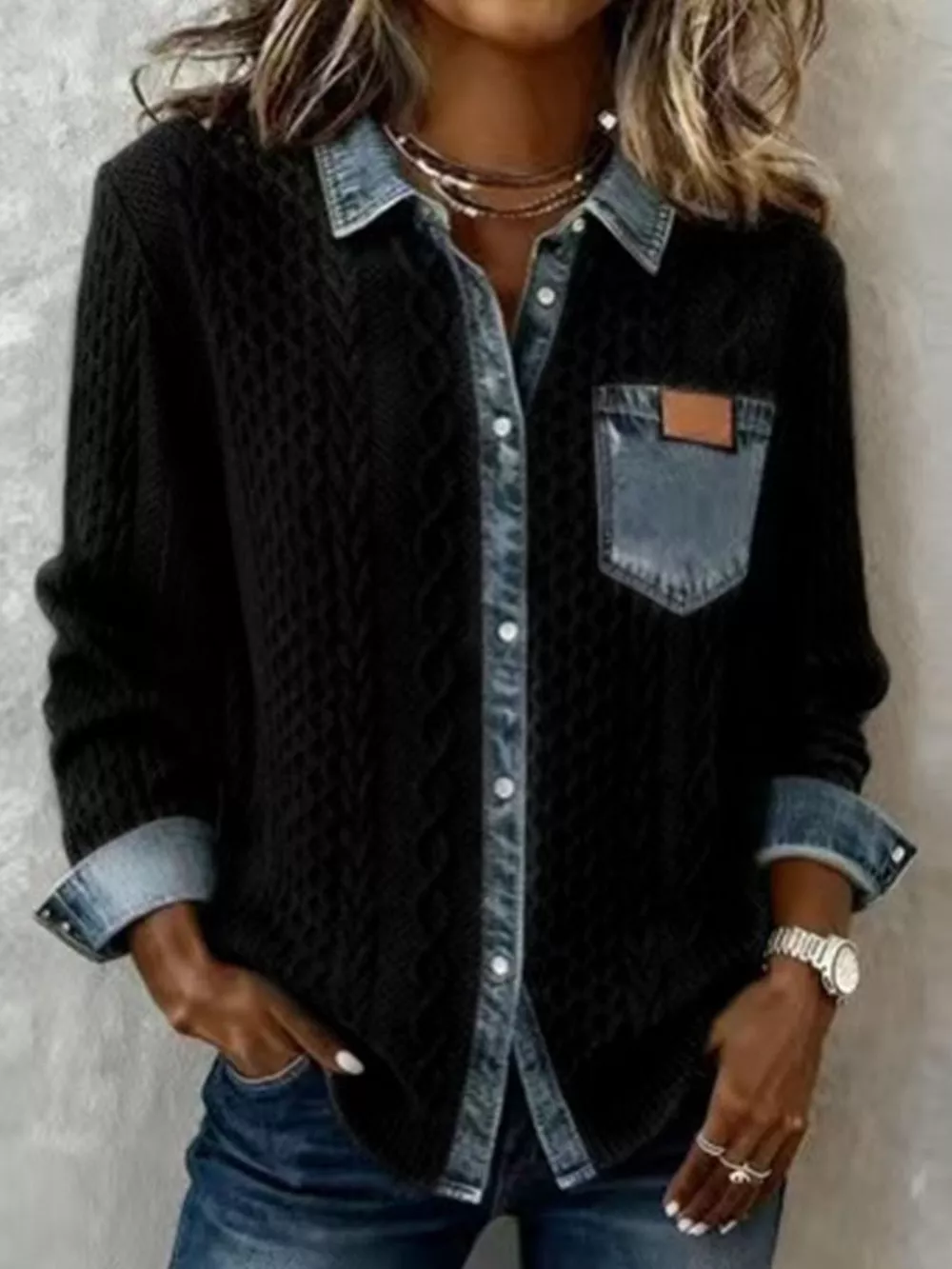 Denim Trim Cable Knit Cardigan, image 4