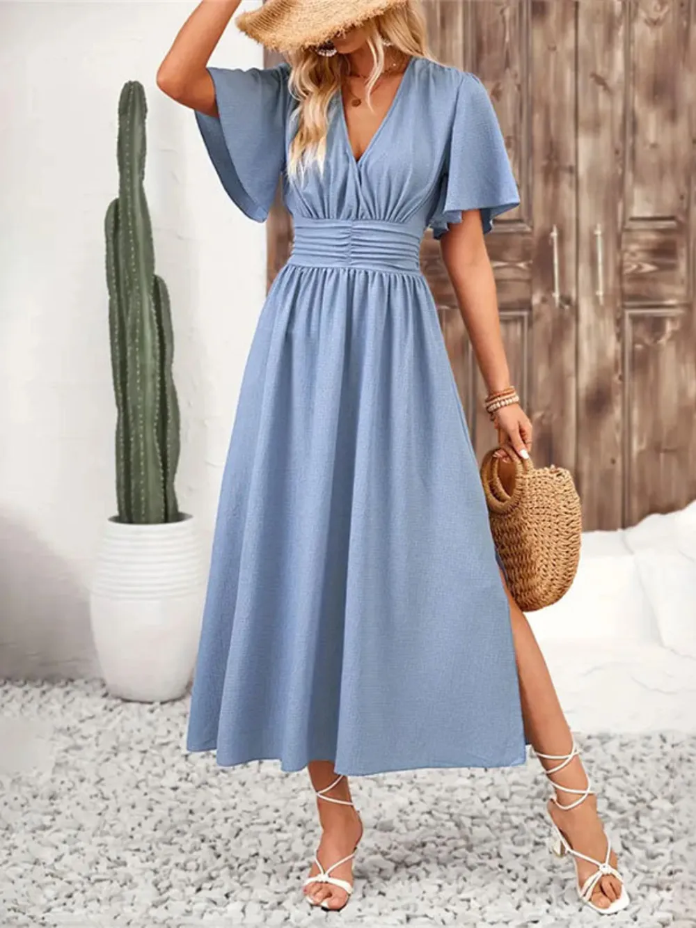 Side Slit Surplice Flutter Sleeve Midi Dress, image 2