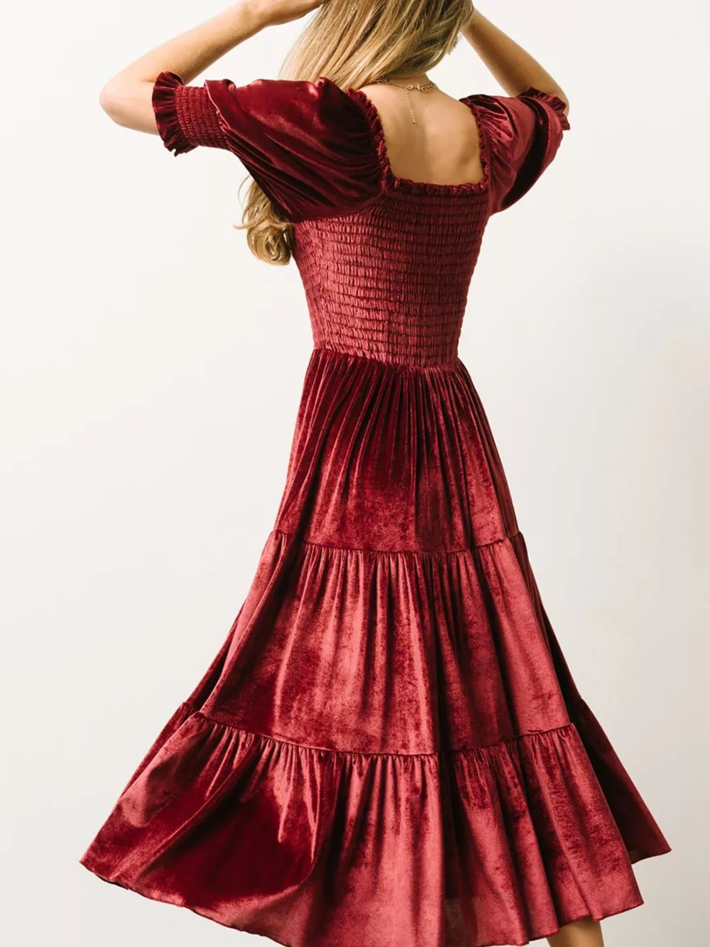 Velvet Smocked Tiered Midi Dress, image 15