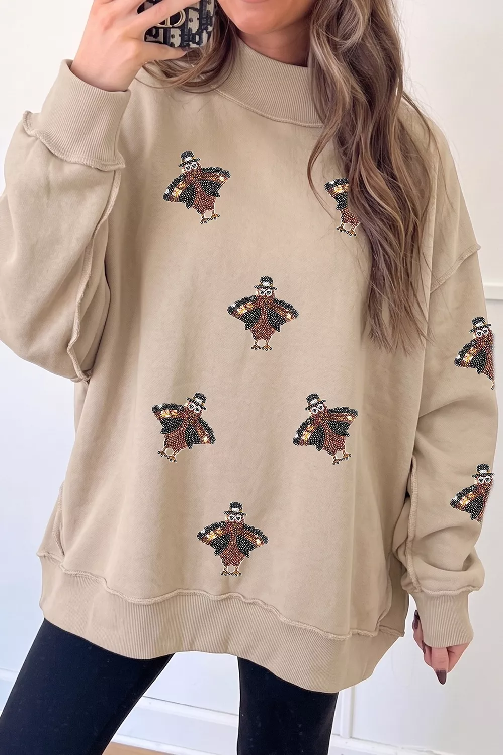 Sequin Turkey Mock Neck Exposed Seam Pullover Sweatshirt, image 2