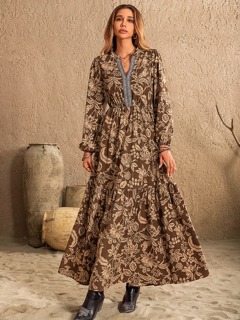 Ruched Printed Notched Long Sleeve Maxi Dress, image 2