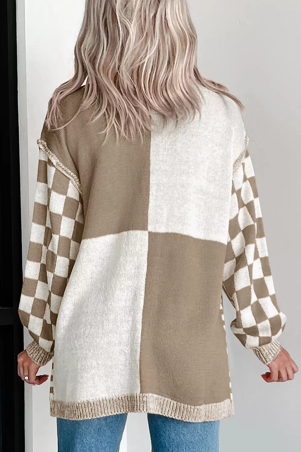 Checkerboard Print Open Front Knit Cardigan, image 4