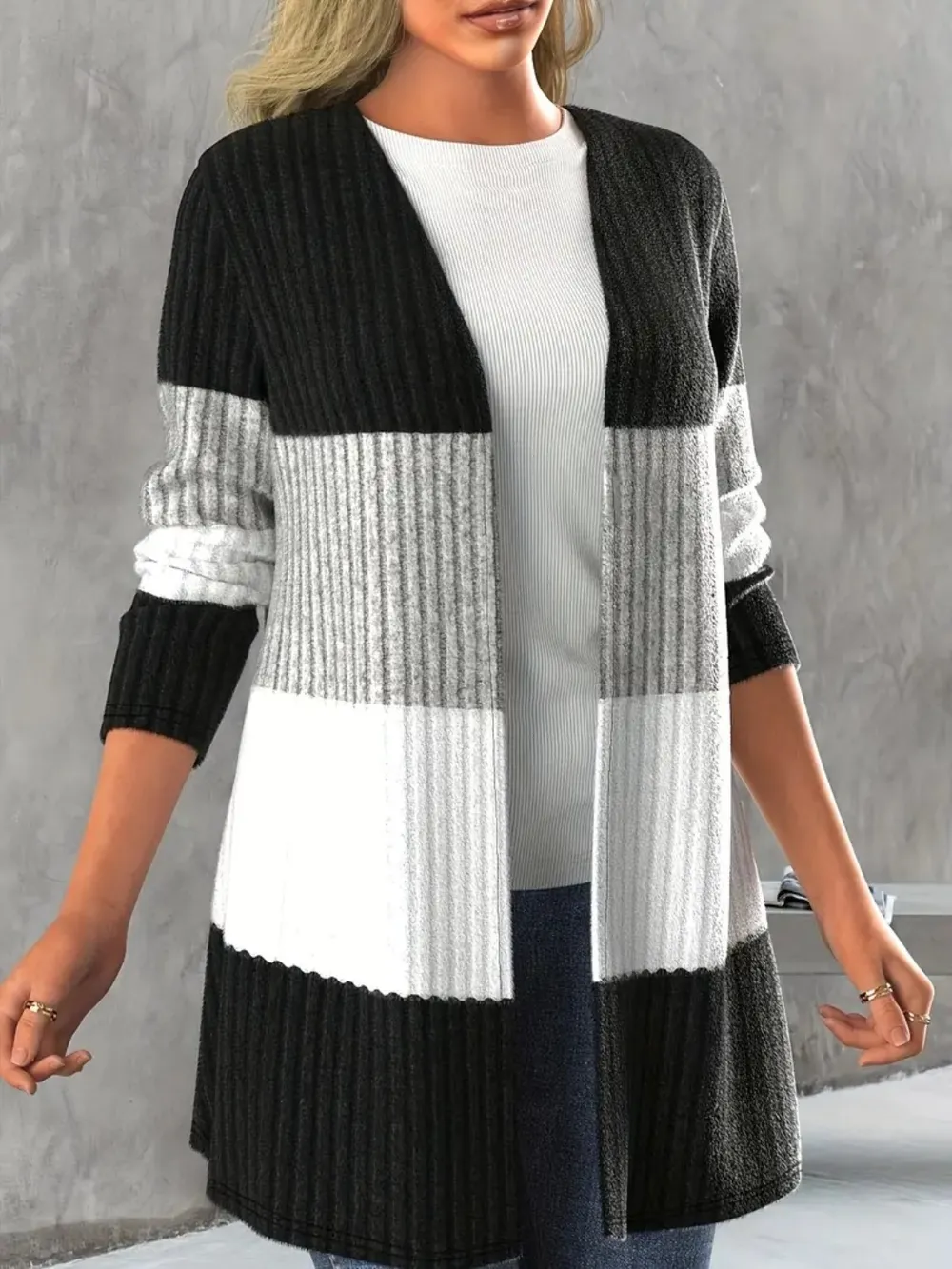 Color Block Open Front Long Sleeve Cardigan, image 3