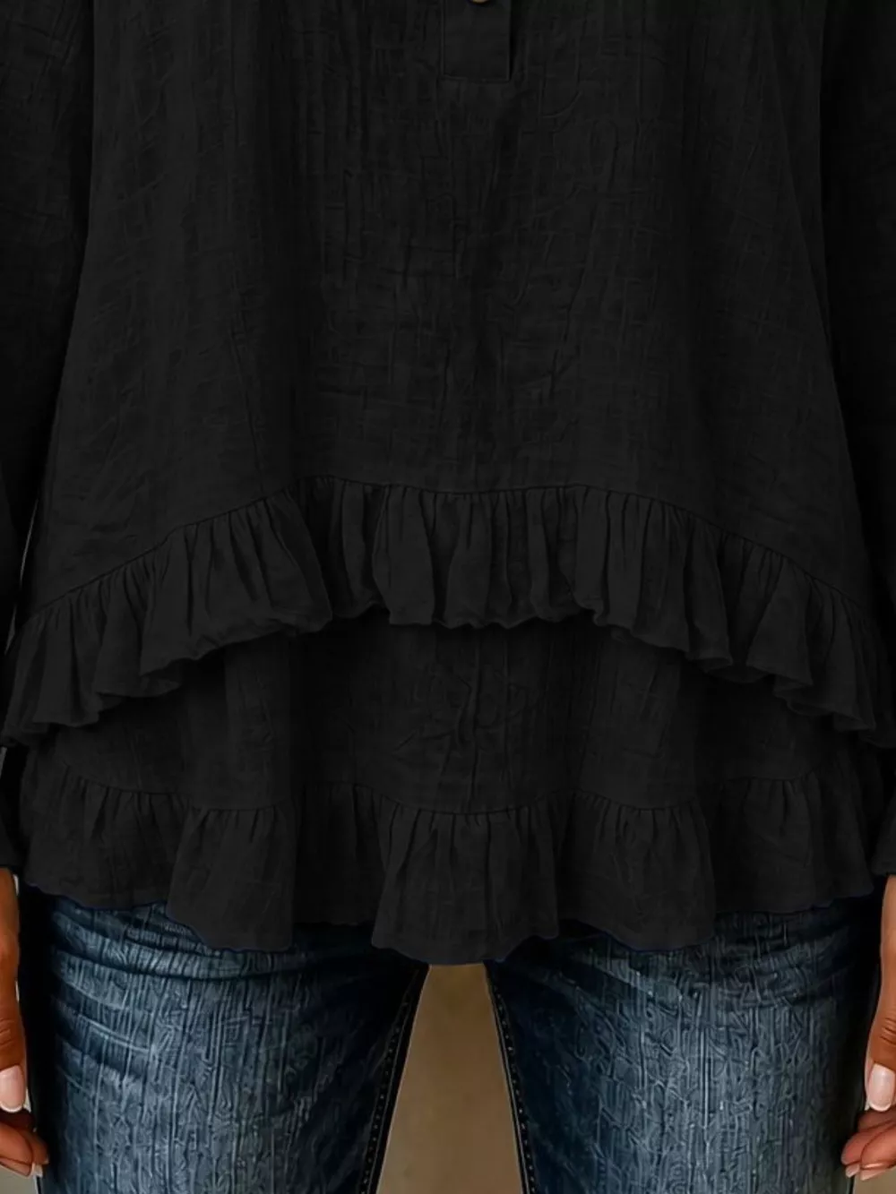 V-Neck Long Sleeve Button Detail Ruffled Hem Blouse, image 21