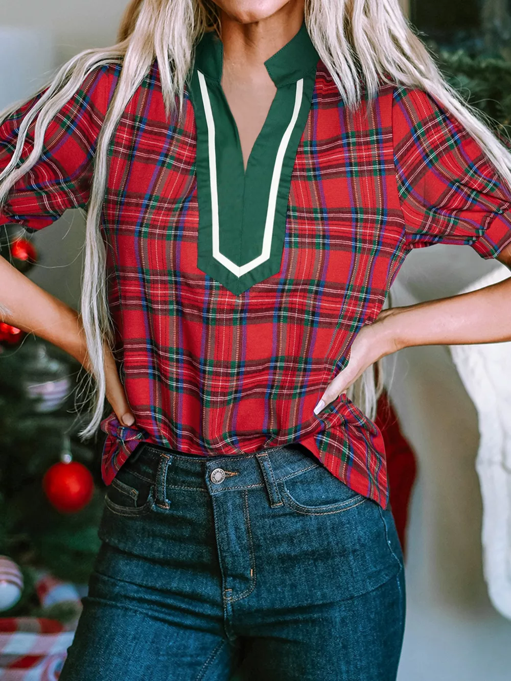 Plaid Notched Short Sleeve Blouse, image 2