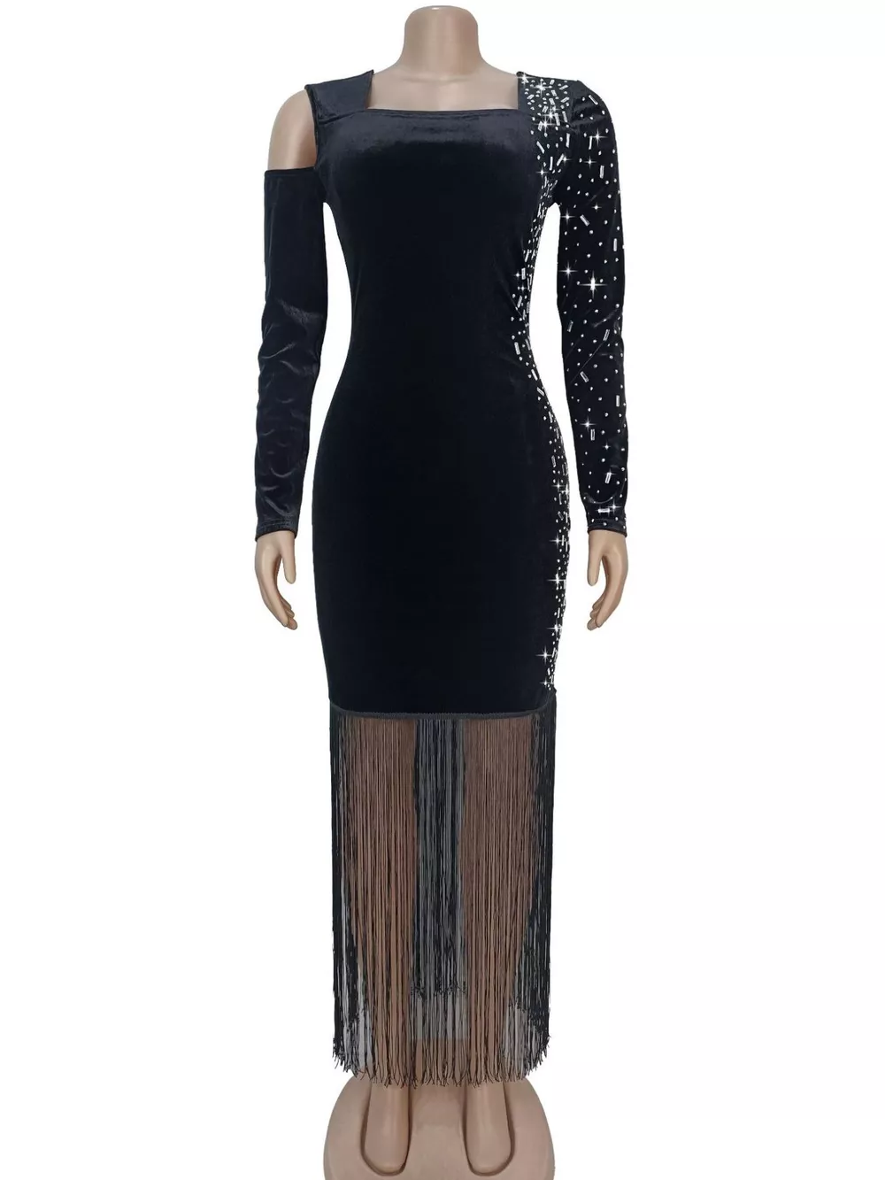 Asymmetrical Rhinestone Fringe Dress, image 3