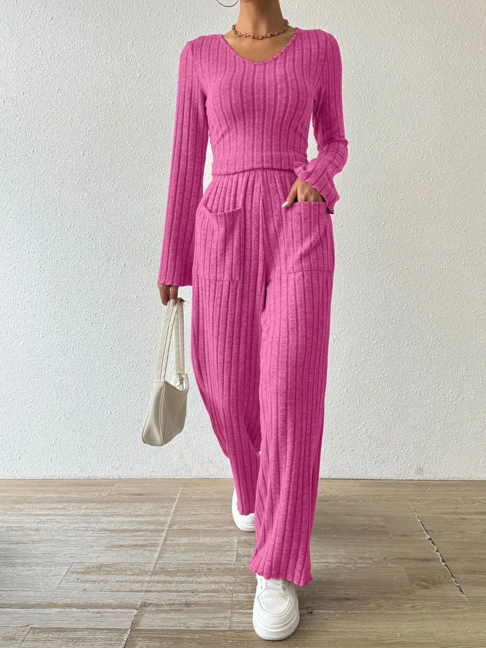 Ribbed V-Neck Long Sleeve Top and Pocketed Pants Set, image 16