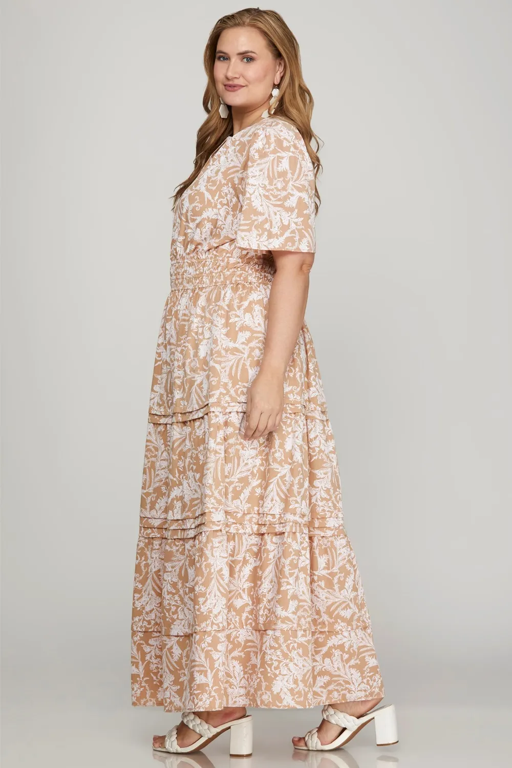 Printed Notched Woven Tiered Pintuck Maxi Dress with Side Pockets, image 4
