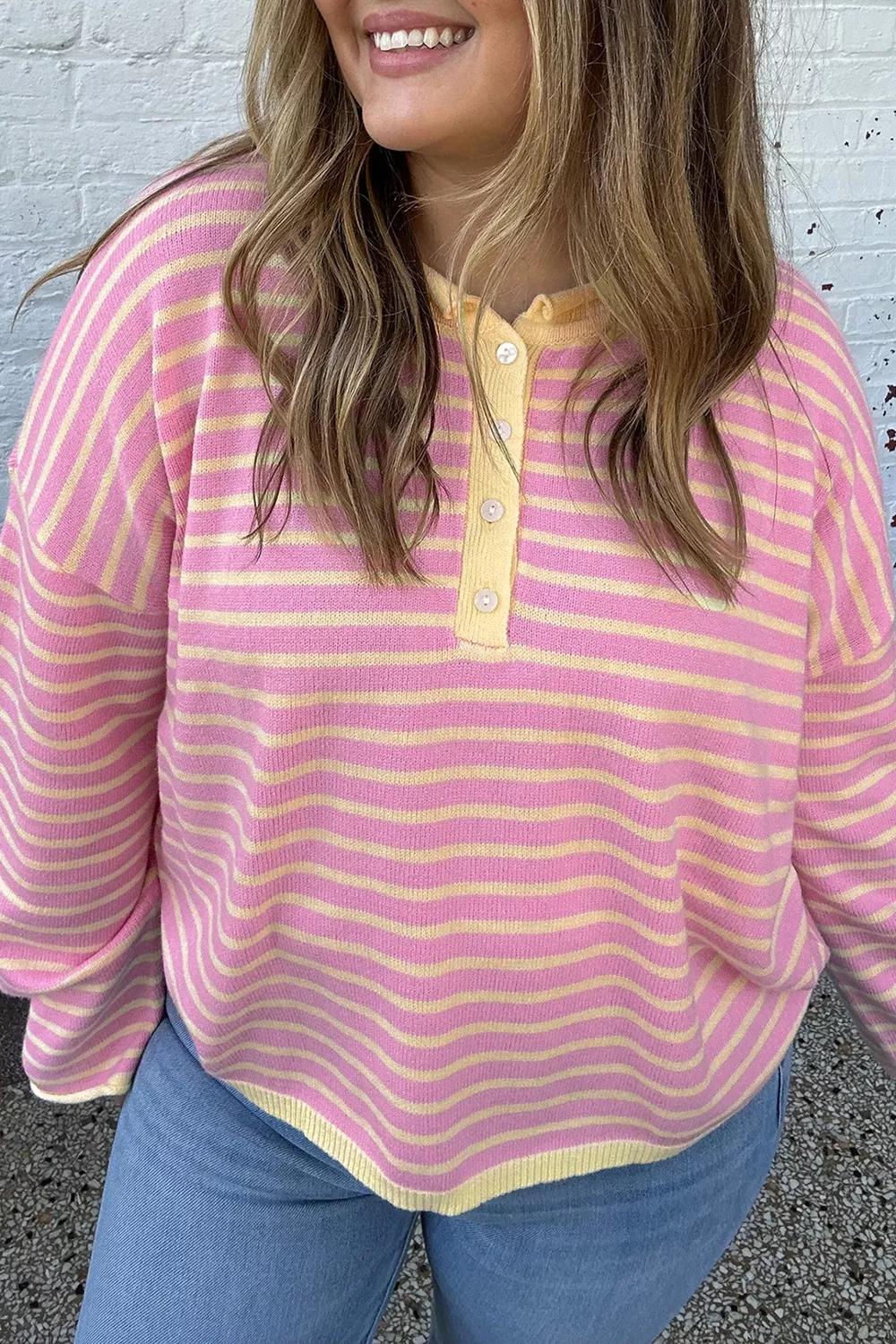 Plus Size Striped Long Sleeve Button Detail Sweater, image 4