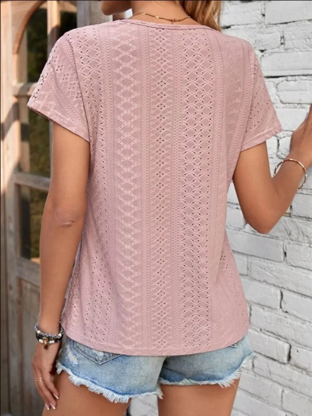 Eyelet V-Neck Short Sleeve T-Shirt, image 16