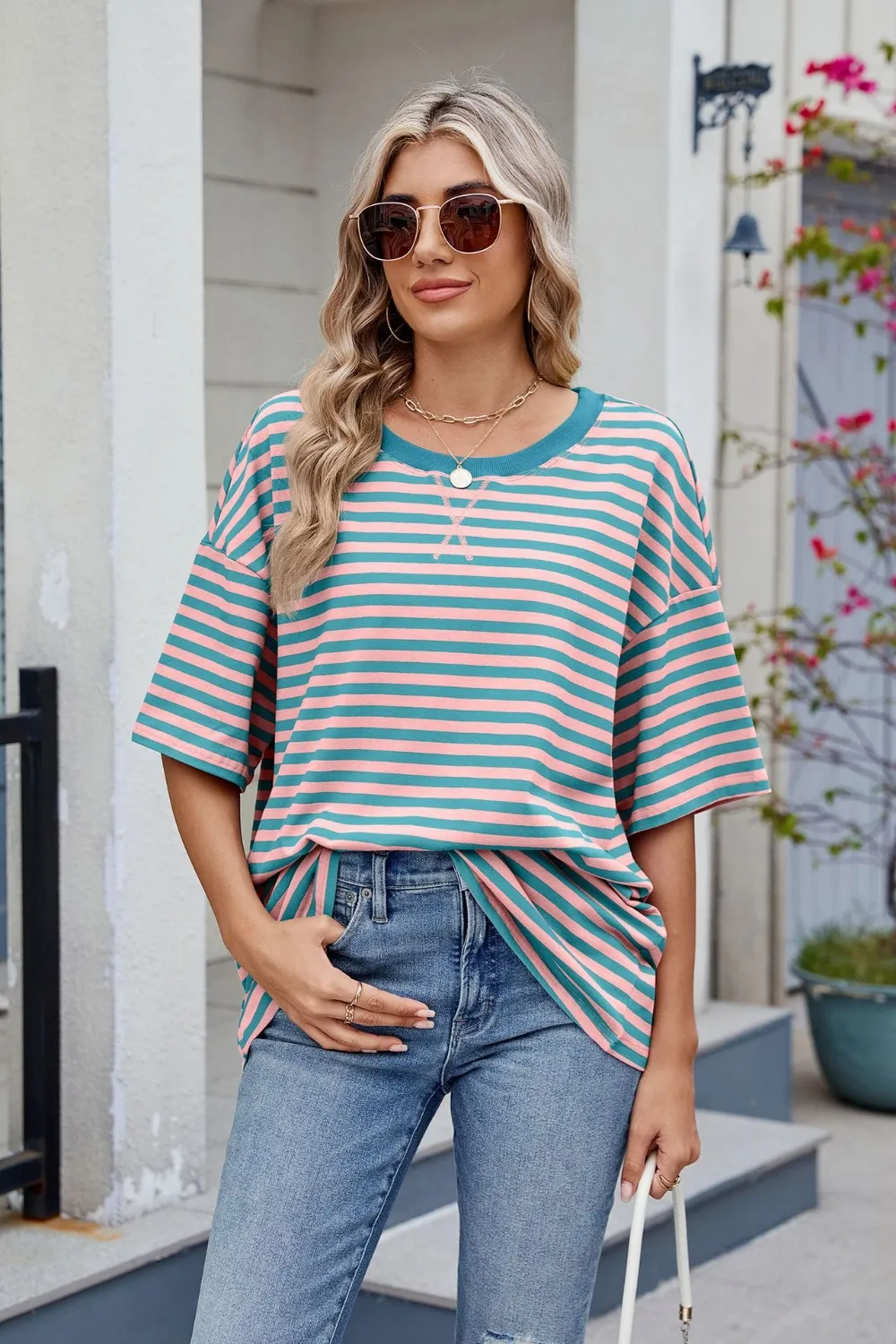 Contrast Striped Round Neck Half Sleeve T-Shirt, image 10
