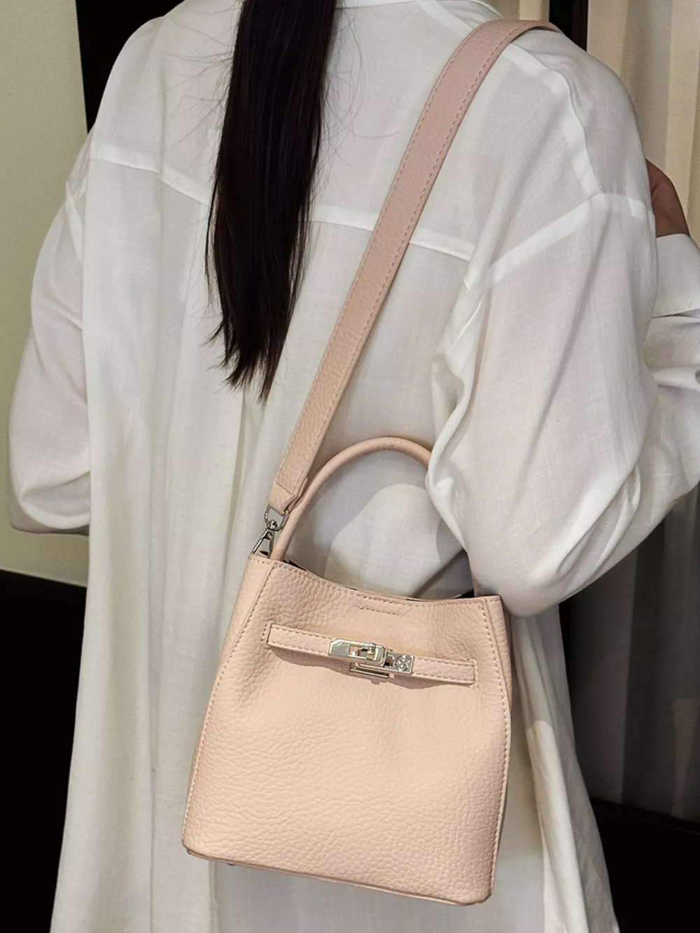 Leather Bucket Crossbody Bag, image 5