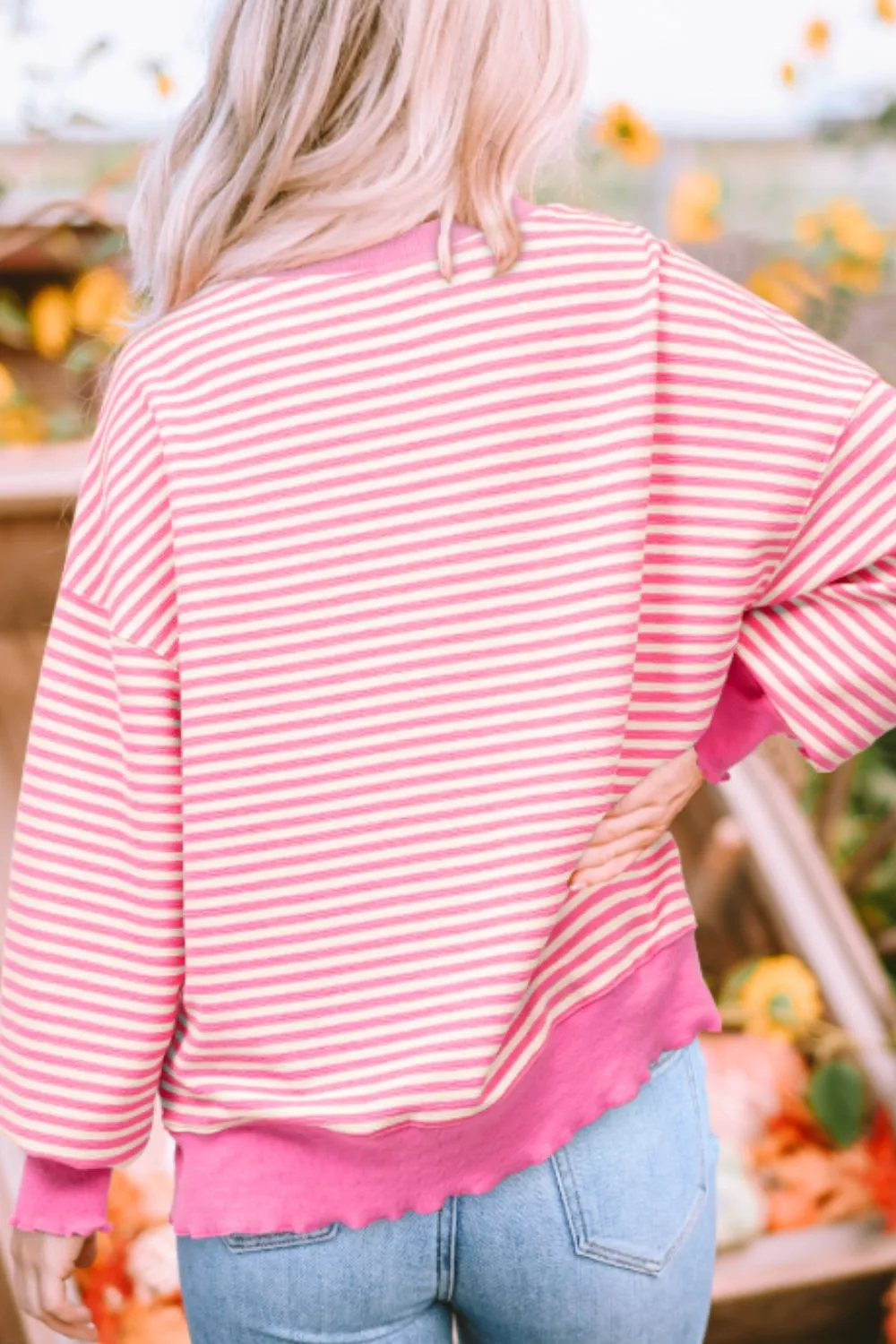 Striped Sequin Heart Round Neck Long Sleeve Sweatshirt, image 2