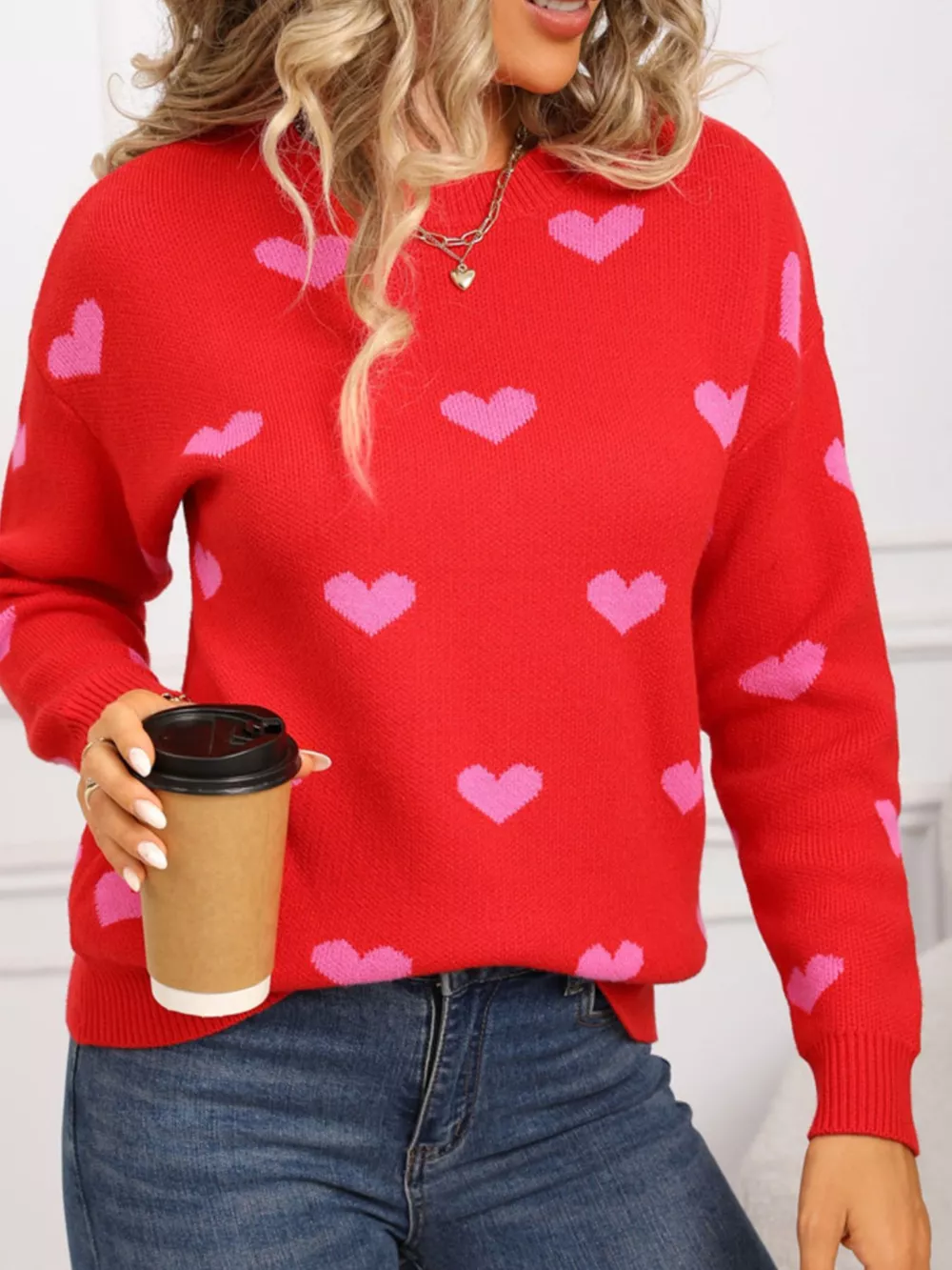 Valentine's Day Heart Pattern Dropped Shoulder Sweater, image 18