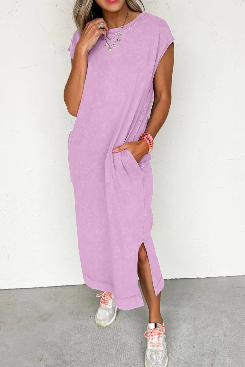 Side Split Round Neck Cap Sleeve T-Shirt Dress, image 4