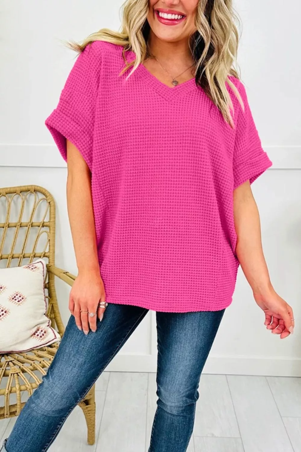 Textured Waffle Knit V-Neck T-Shirt, image 3
