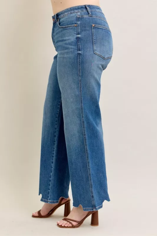 Full Size High Waist Tummy Control Chew Hem Destroy Wide Jeans Plus Size, image 4