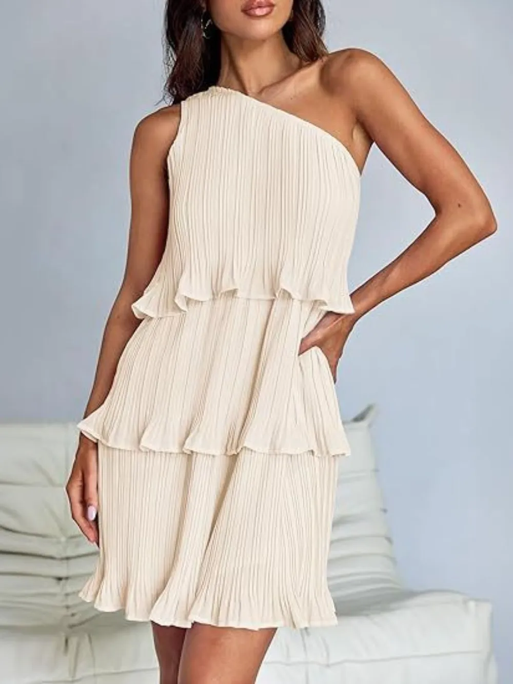 Layered Single Shoulder Mini Dress, image 12
