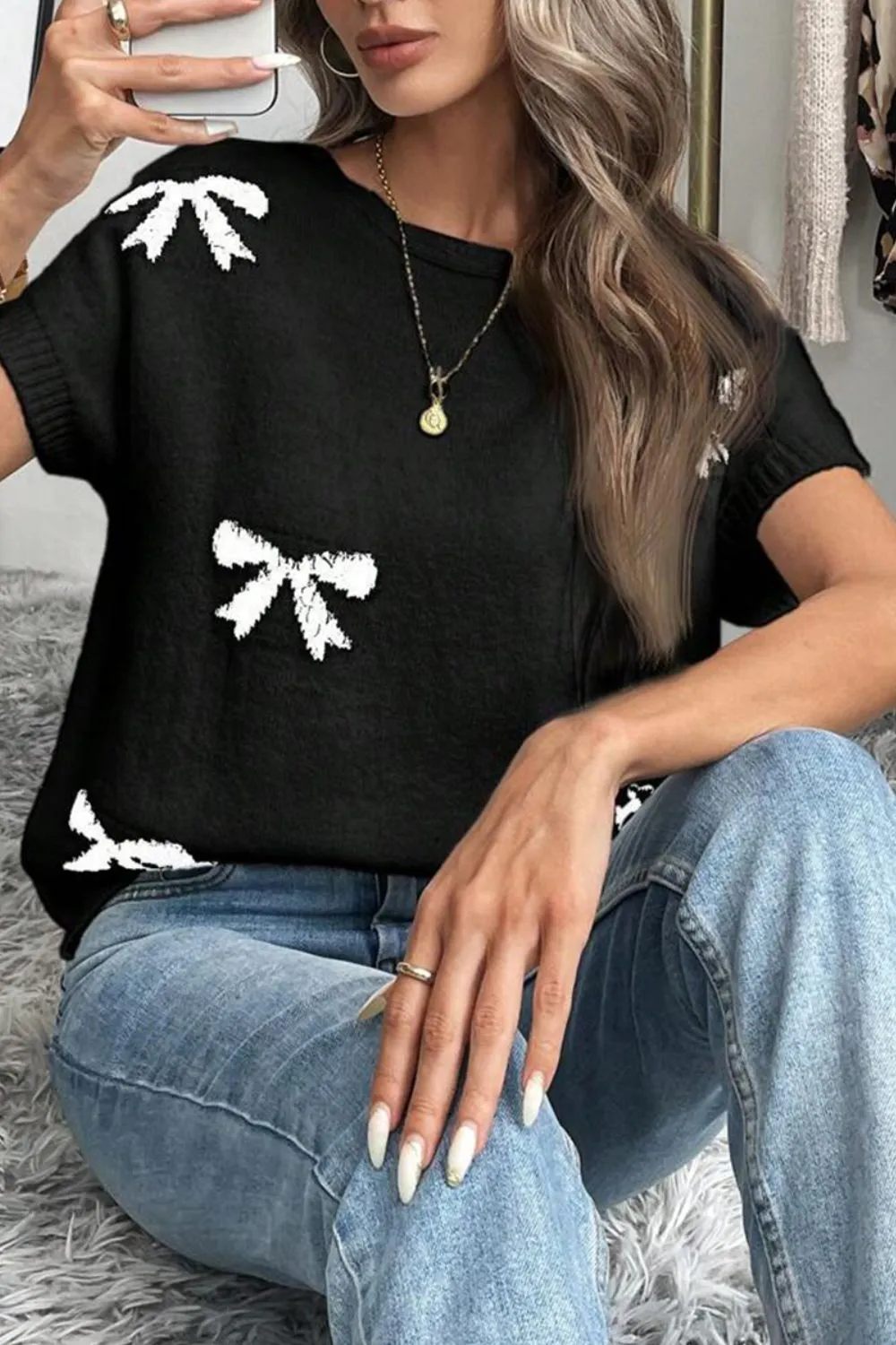 Bow Pattern Knit Short Sleeve Sweater, image 4