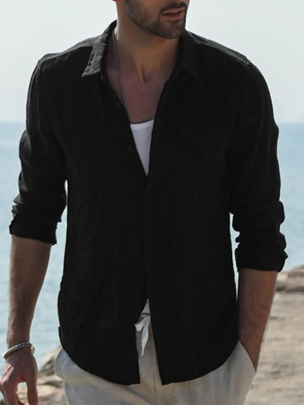 Men's Full Size Casual Linen Long Sleeve Shirt Plus Size, image 4