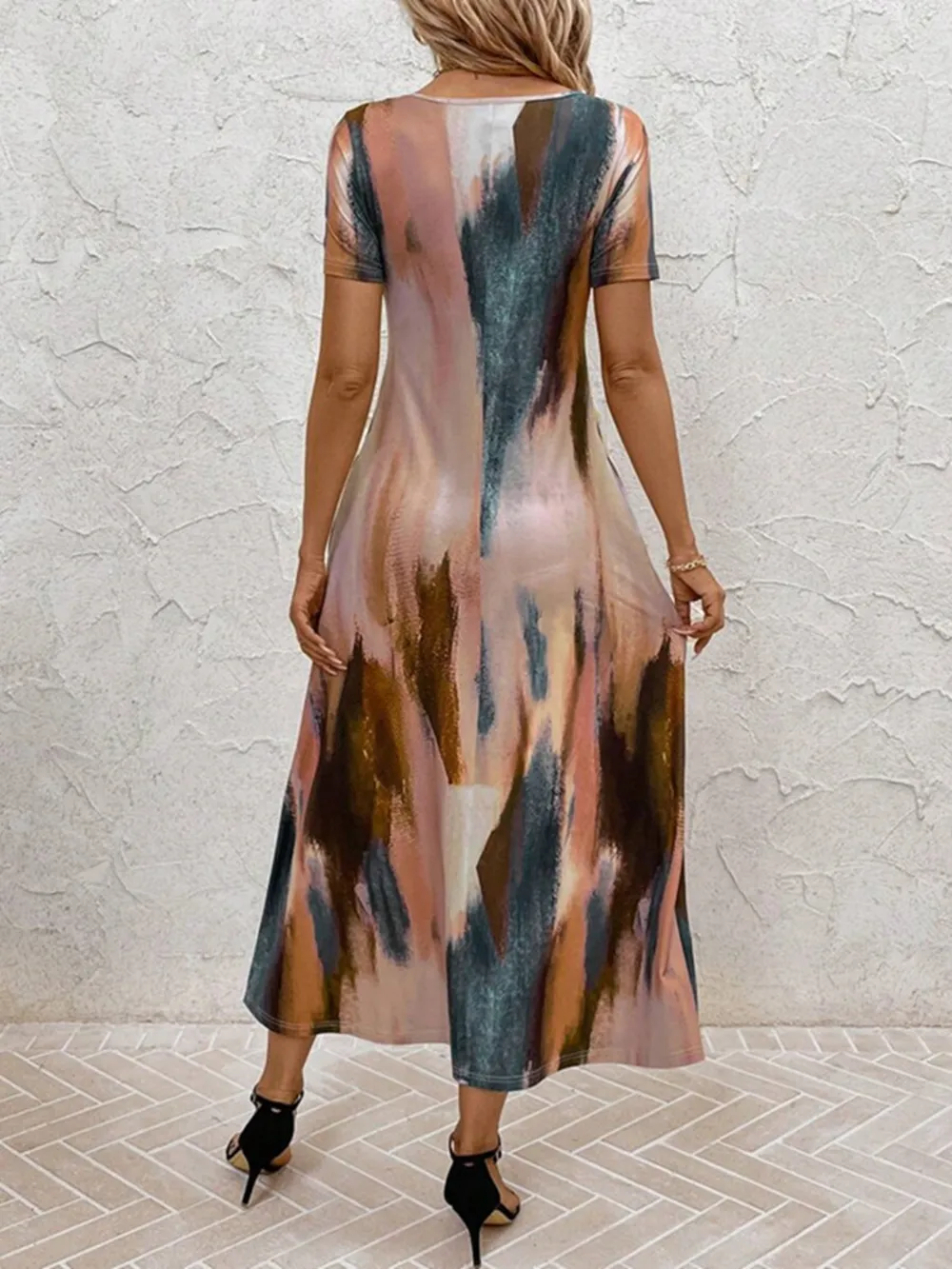 Tie-Dye V-Neck Short Sleeve Midi Tee Dress, image 2