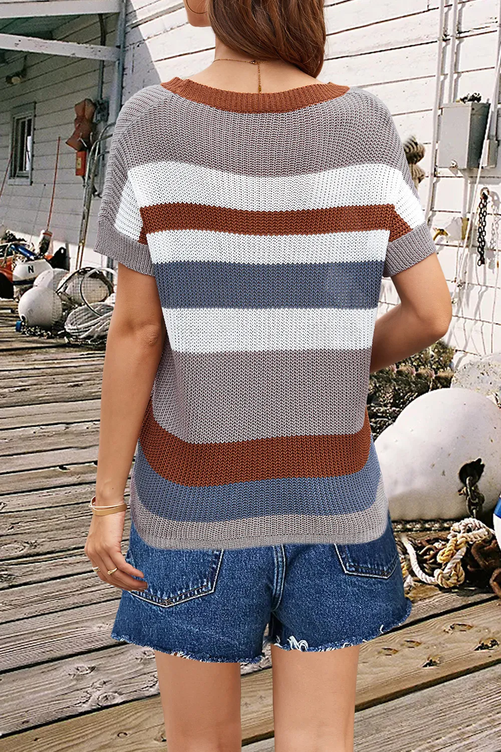 Striped Round Neck Short Sleeve Knit Top, image 12