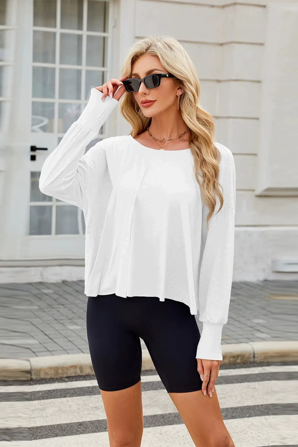 Cutout Back Round Neck Long Sleeve T-Shirt, image 2