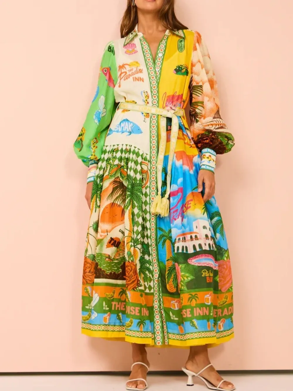 Printed Lantern Sleeve Midi Shirt Dress, image 2