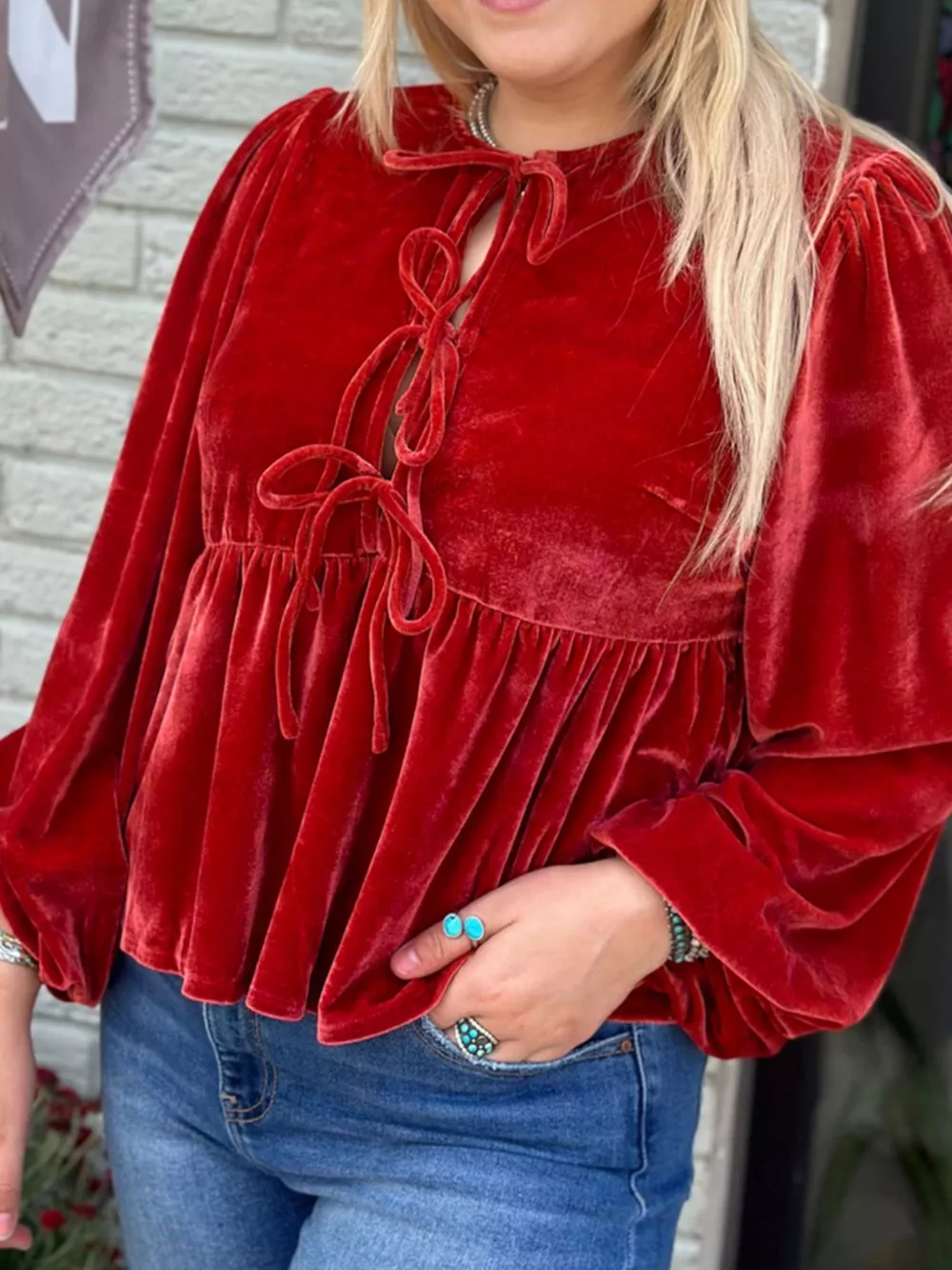 Plus Size Tie Front Velvet Peplum Blouse, image 2