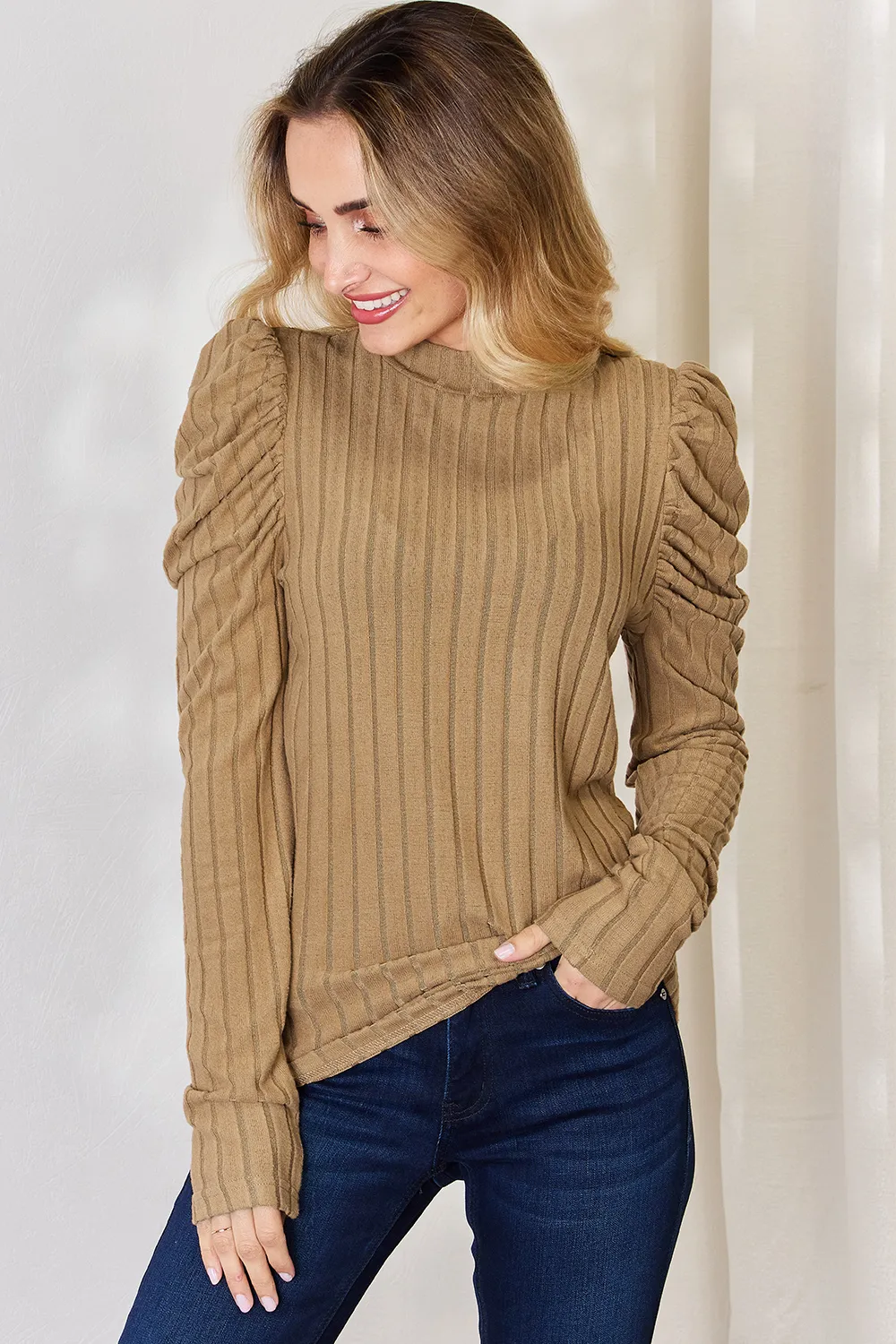 Full Size Ribbed Mock Neck Puff Sleeve T-Shirt, image 11