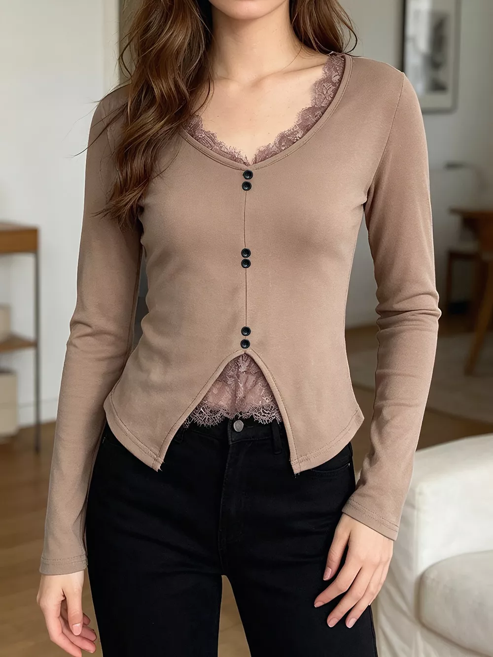 Lace Detail Long Sleeve T-Shirt, image 2