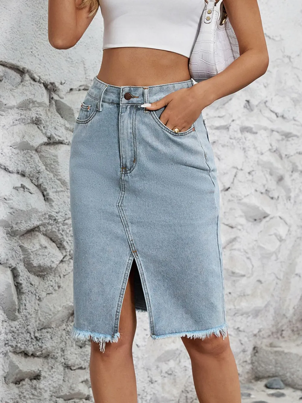 Raw Hem Slit Denim Skirt, image 4