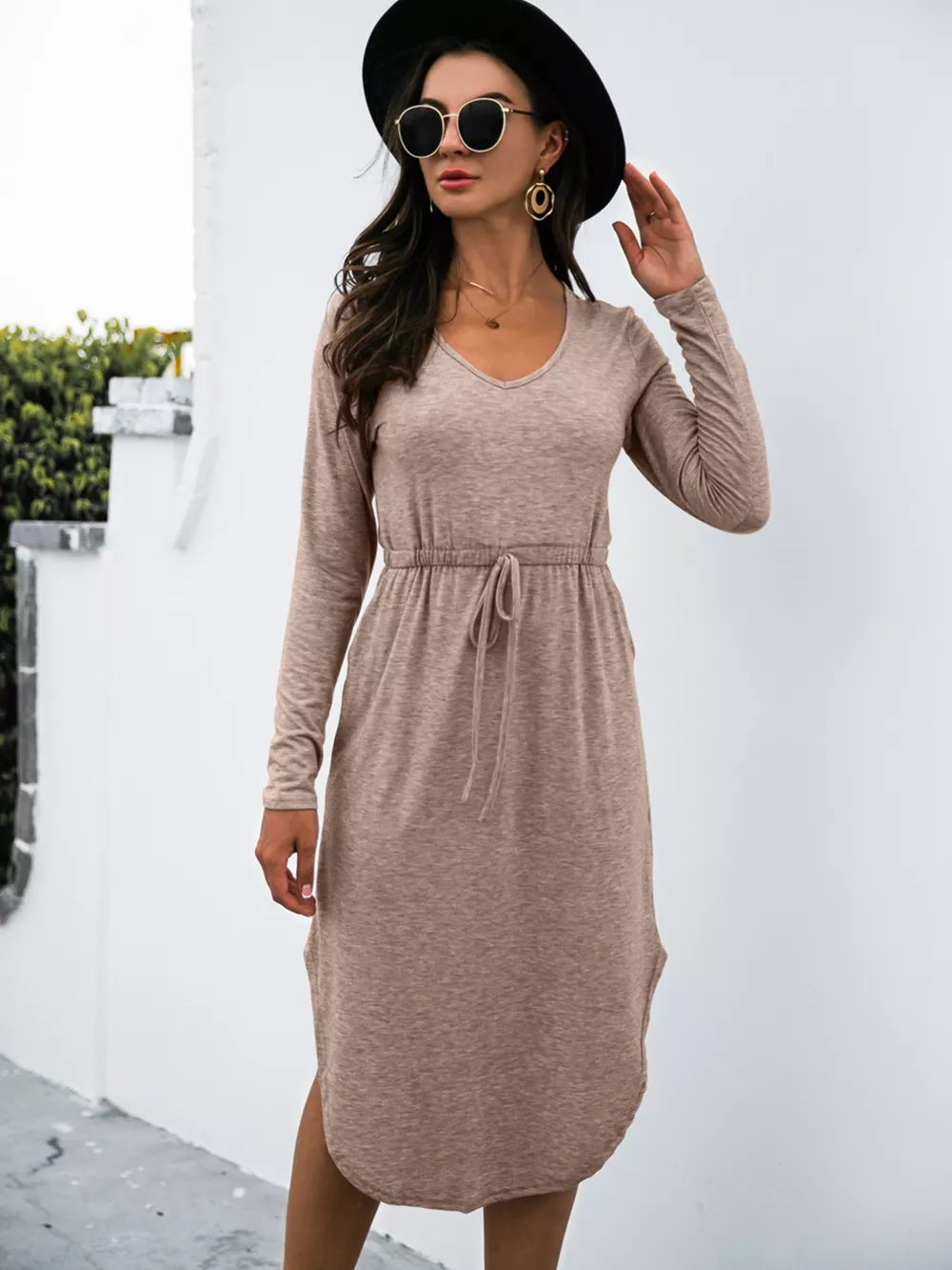Drawstring Waist Long Sleeve Casual Dress, image 6