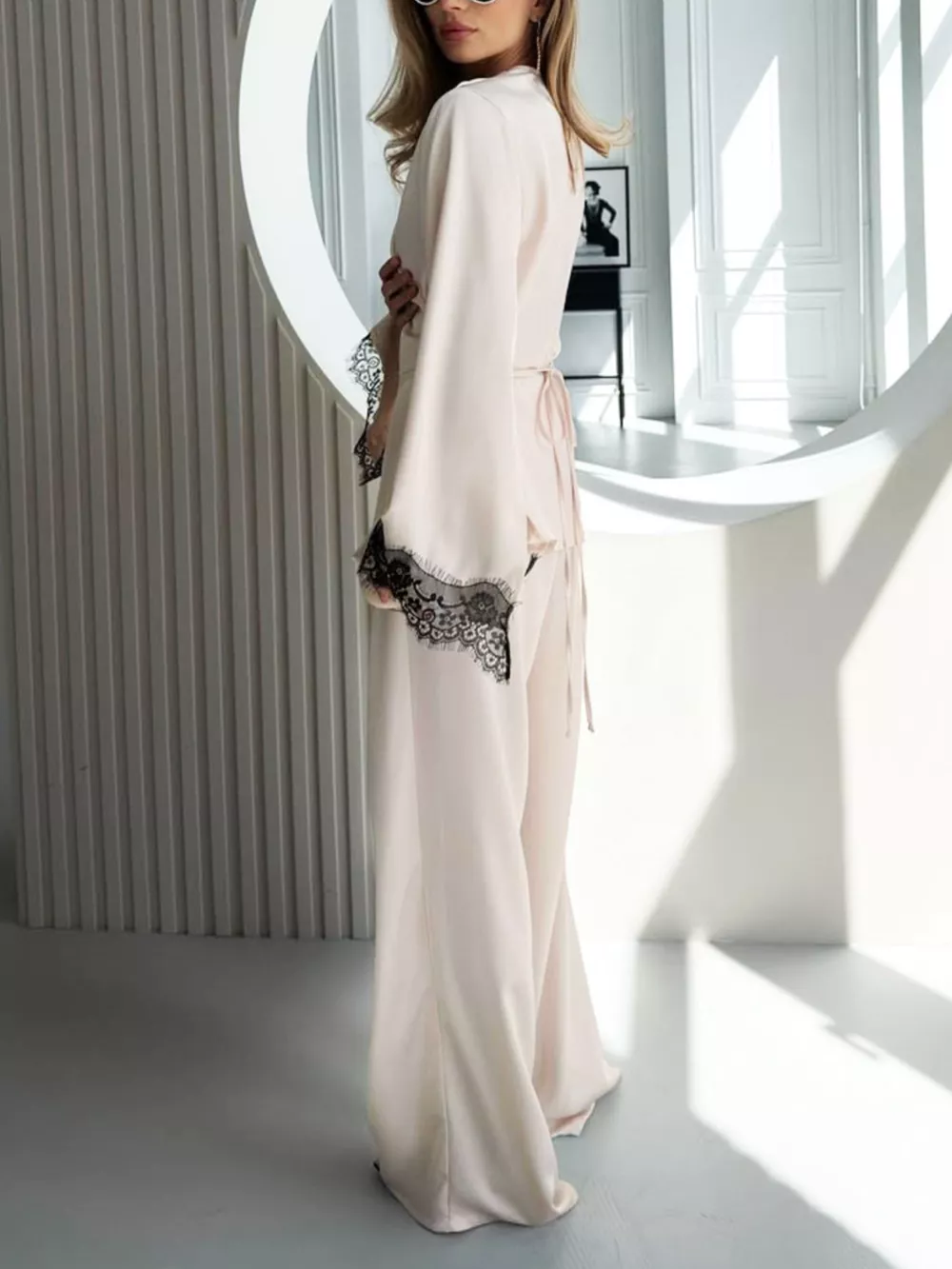 Lace Trim Wrap Top and Pants Set, image 3