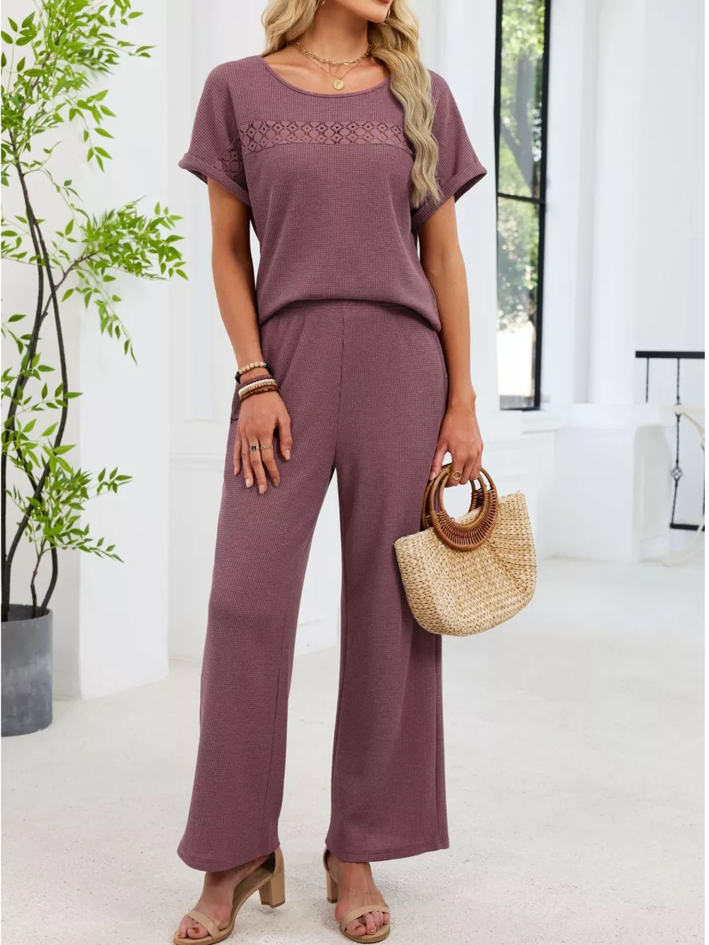 Lace Detail Short Sleeve Top and Pants Set, image 7