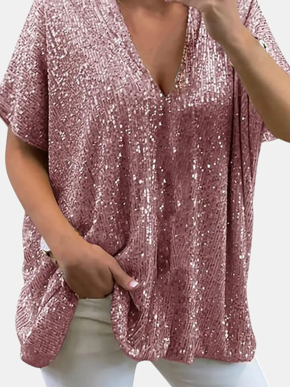 Full Size Sequin V-Neck Short Sleeve Top, image 9
