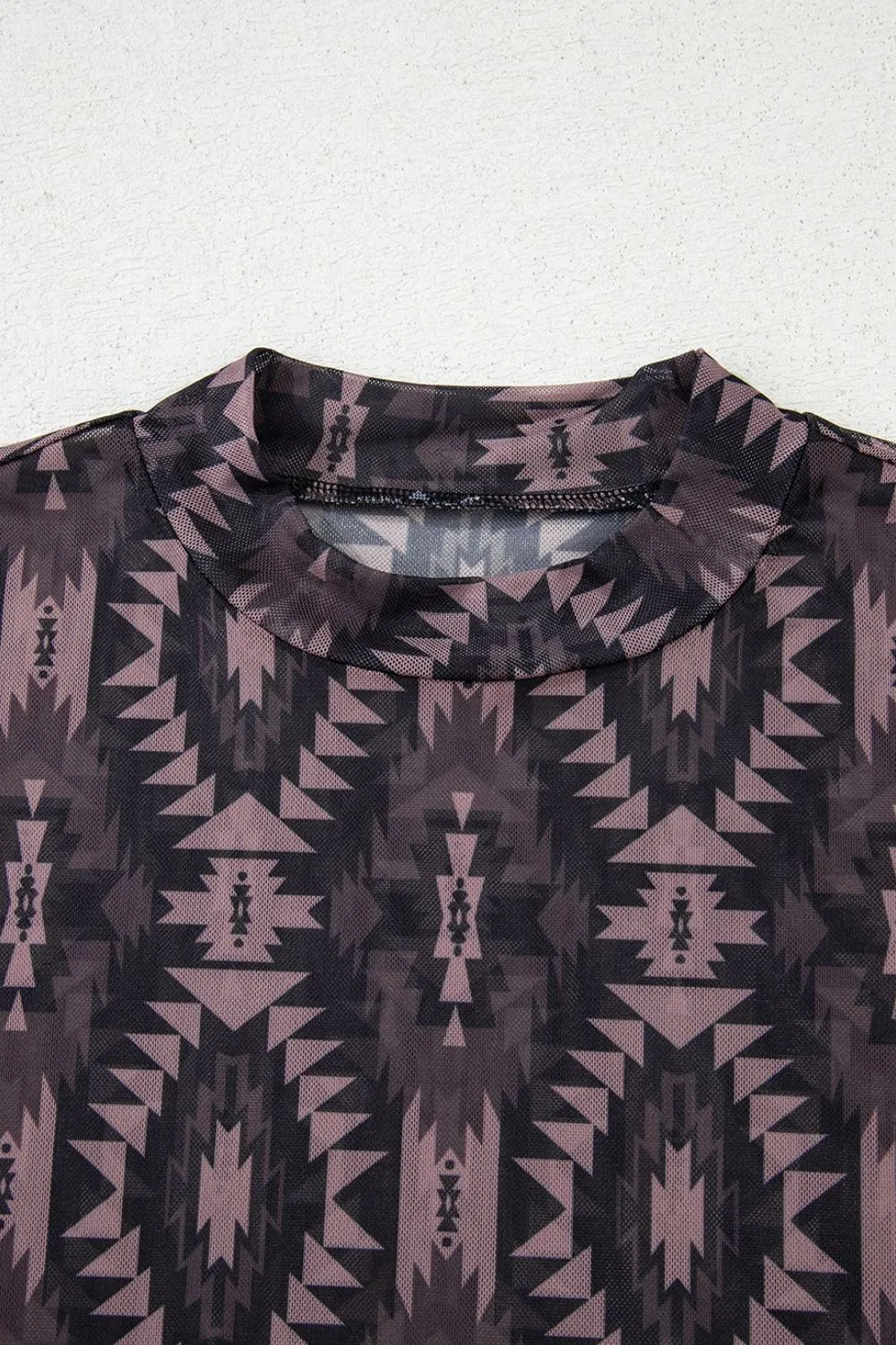 Aztec Print Mock Neck Short Sleeve Mesh T Shirt, image 3