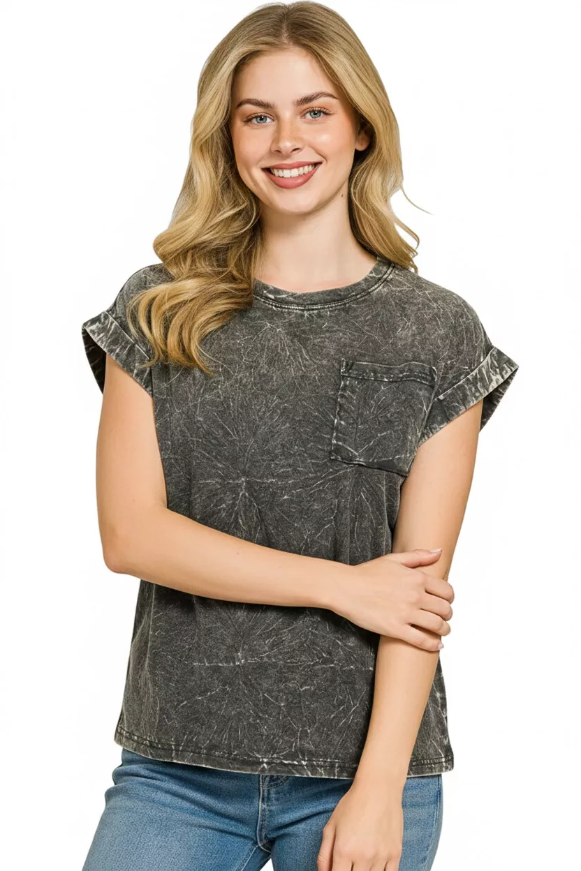 Full Size Crinkle Washed Round Neck Folded Short Sleeve Tee Plus Size, image 3