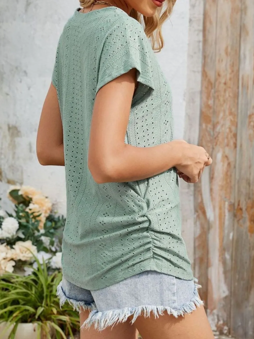 Eyelet V-Neck Short Sleeve Top, image 13