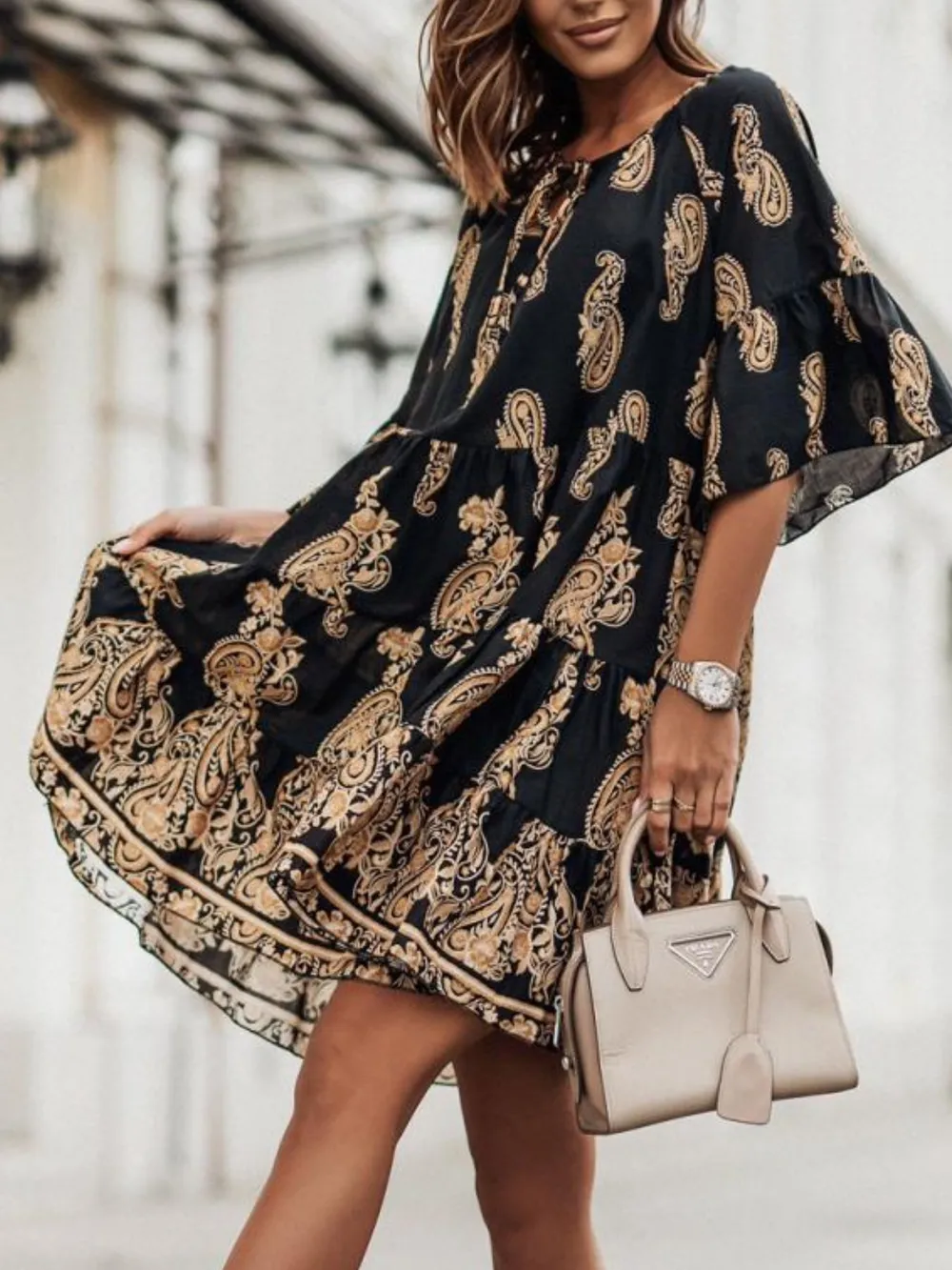 Paisley Print Tie Neck Half Sleeve Mini Dress, image 2
