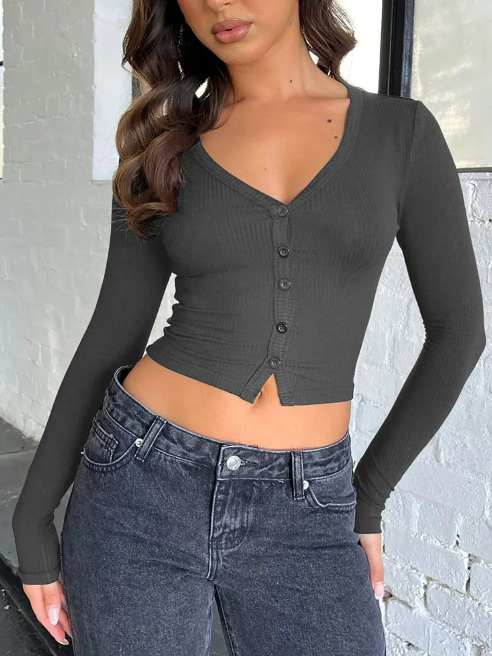Buttoned V-Neck Long Sleeve T-Shirt, image 10