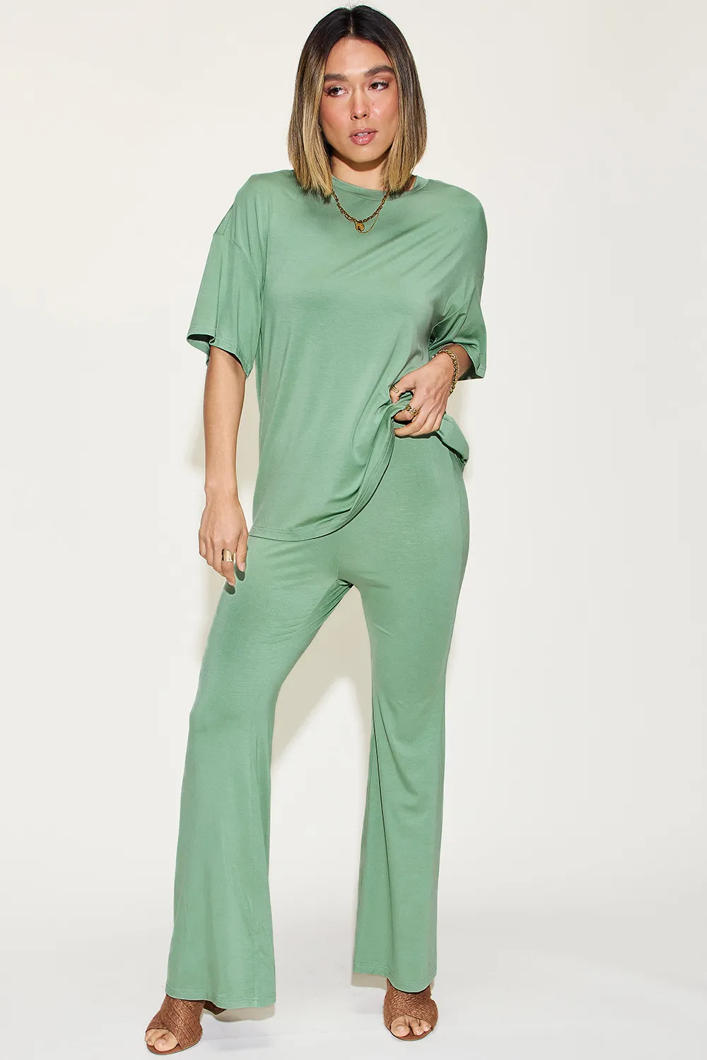 Full Size Bamboo Drop Shoulder T-Shirt and Flare Pants Set, image 4