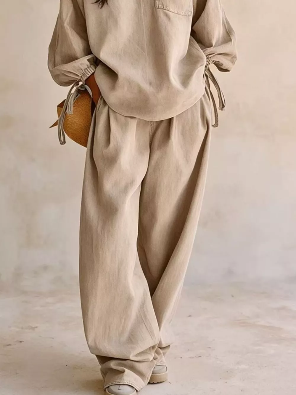 Relaxed Fit Drawstring Sleeve Detail Top and Pants Denim Set, image 9