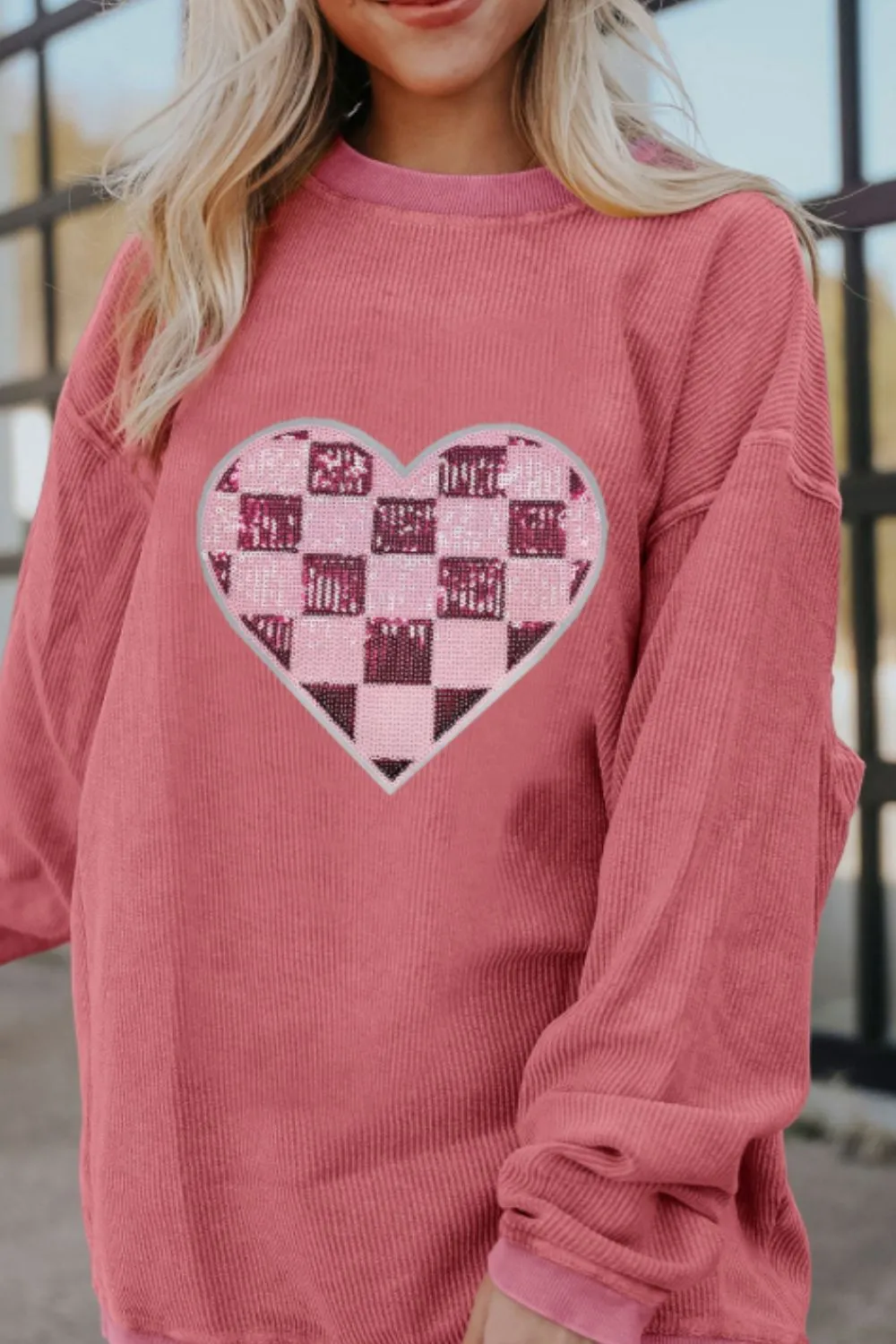 Valentine’s Day Sequin Checkered Heart Long Sleeve Sweatshirt, image 3