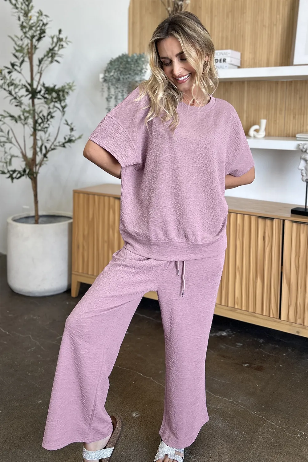 Full Size Texture Short Sleeve Top and Pants Set, image 5