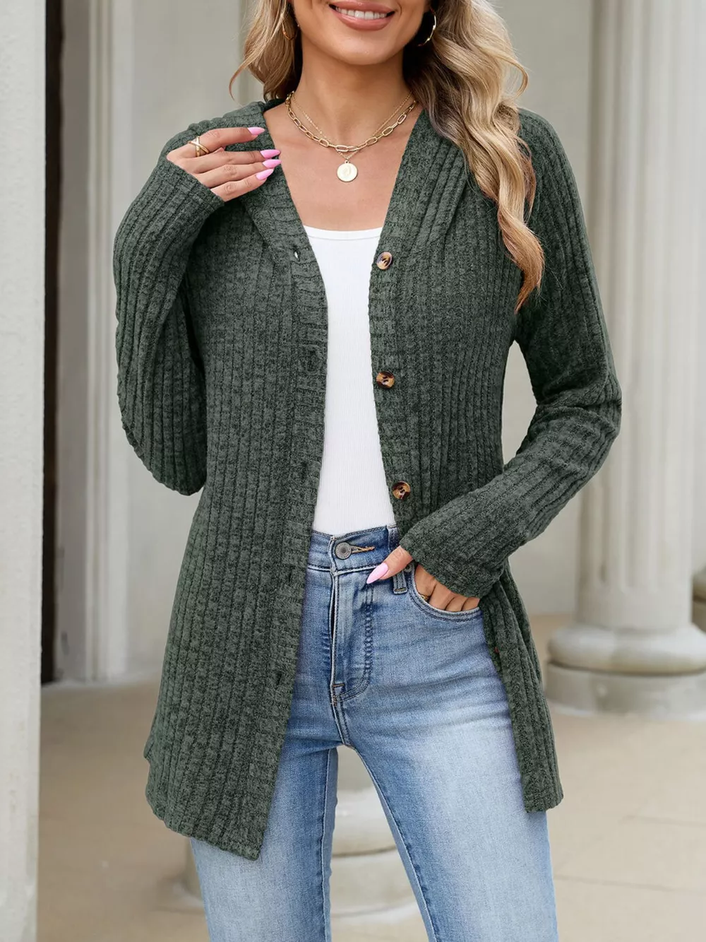 Ribbed Knit Hooded Button-Down Cardigan, image 17