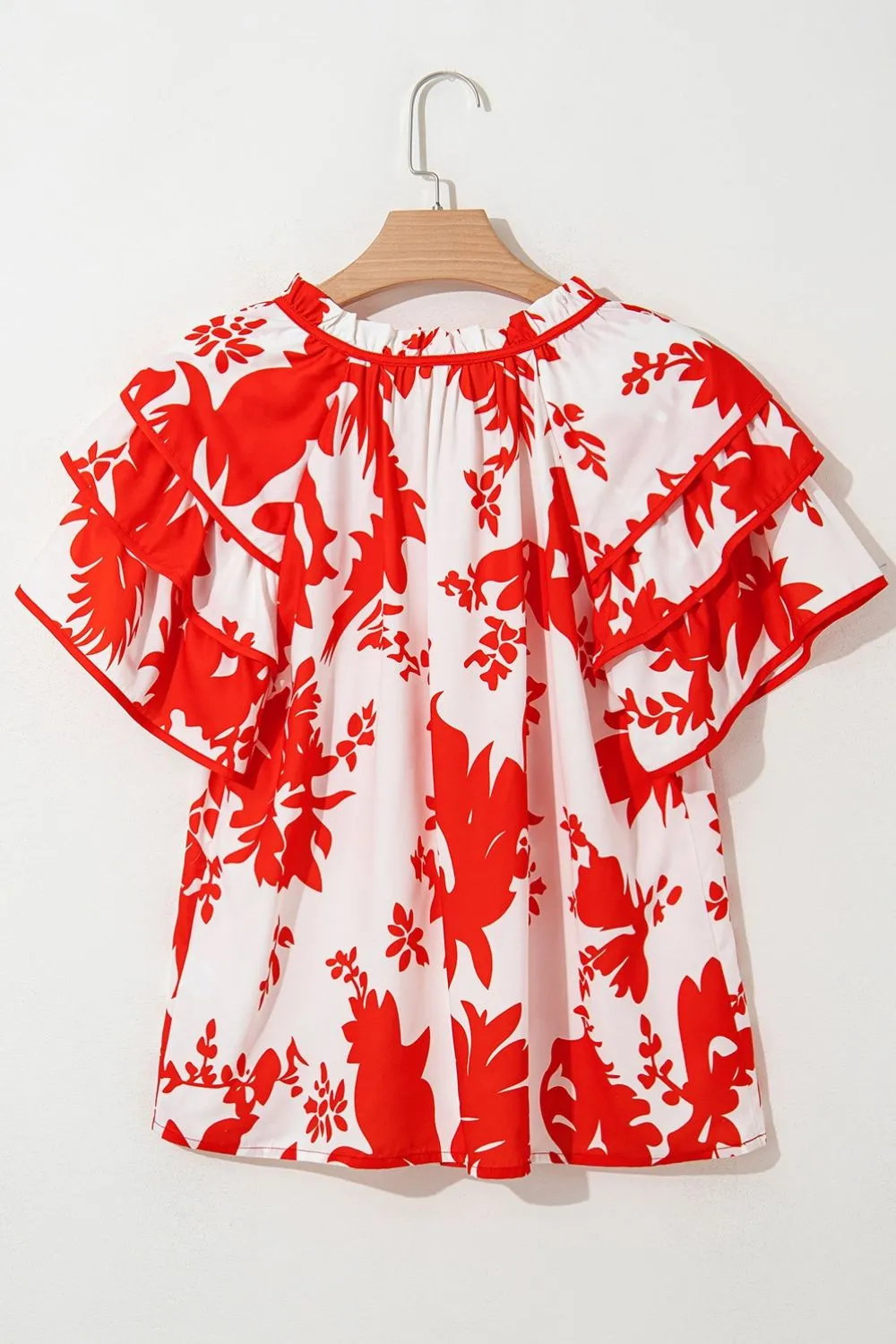 Plant Print Tiered Ruffled Sleeve Tie Neck Blouse, image 4